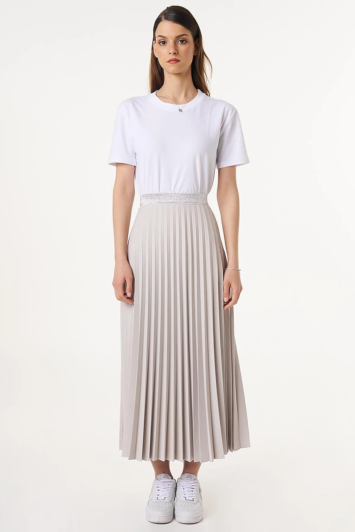 Pleated High Waist Skirt Light Gray