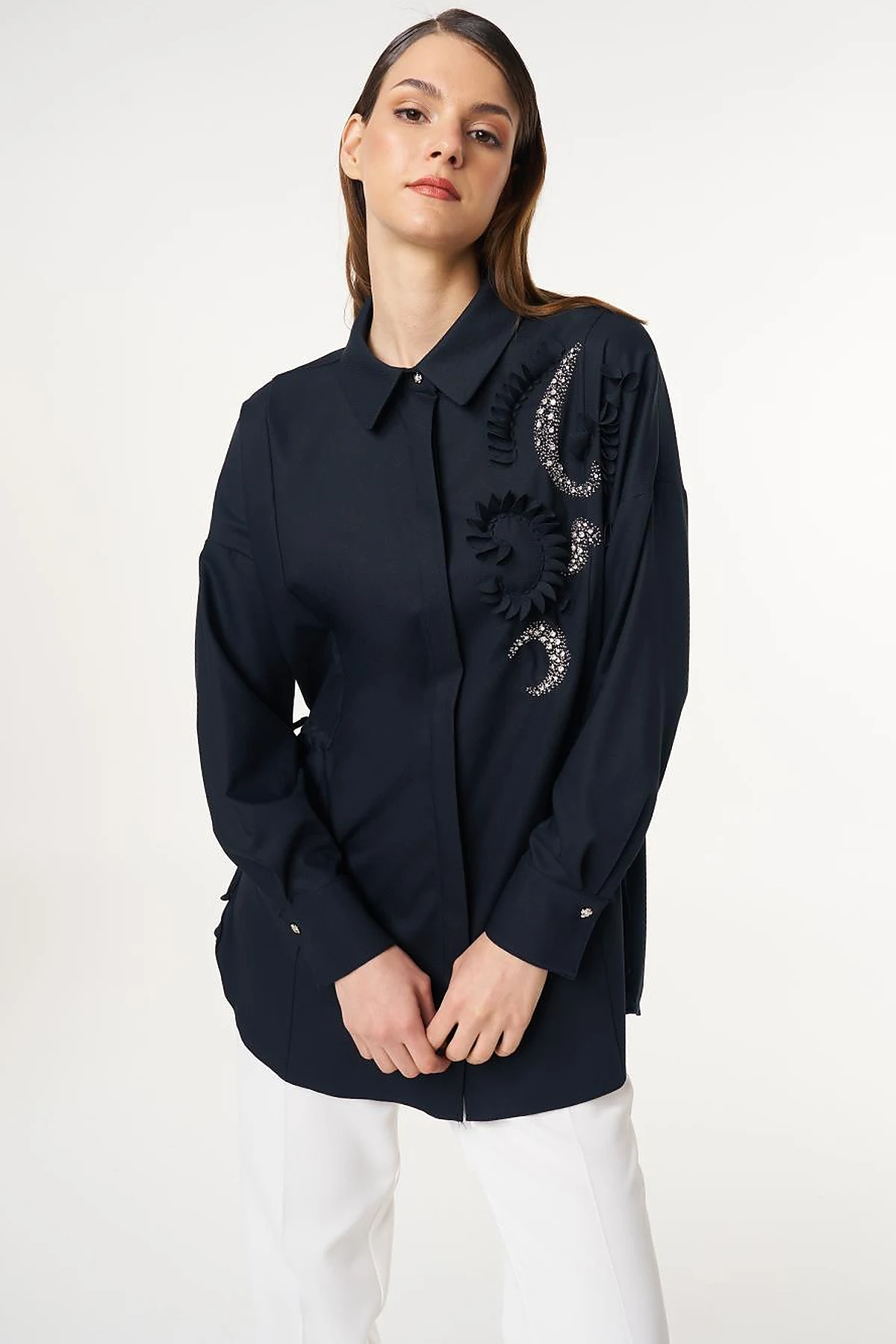 Embroidered Drawstring Waist Tunic Dark Navy 