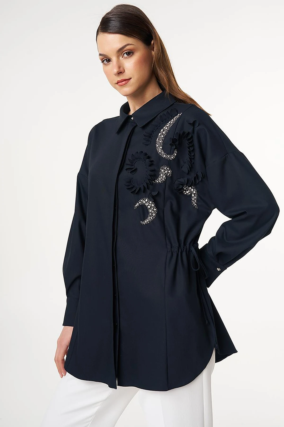 Embroidered Drawstring Waist Tunic Dark Navy 