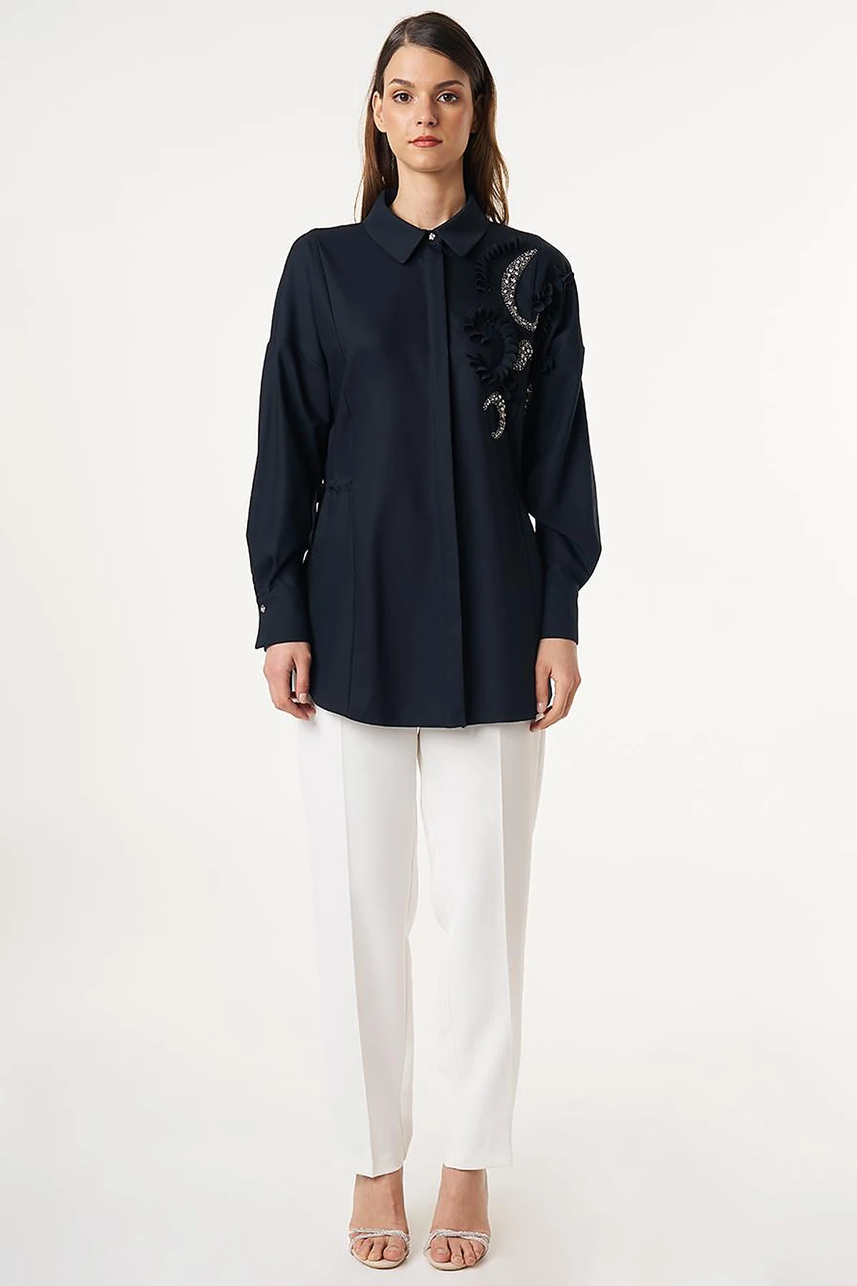 Embroidered Drawstring Waist Tunic Dark Navy 