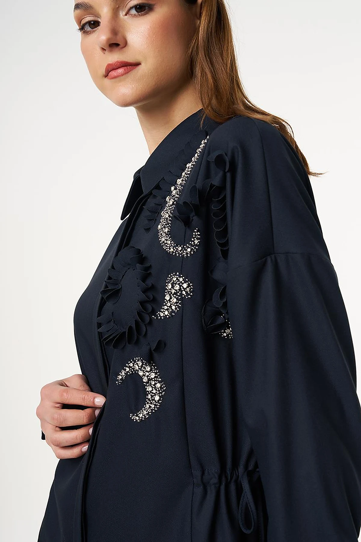 Embroidered Drawstring Waist Tunic Dark Navy 