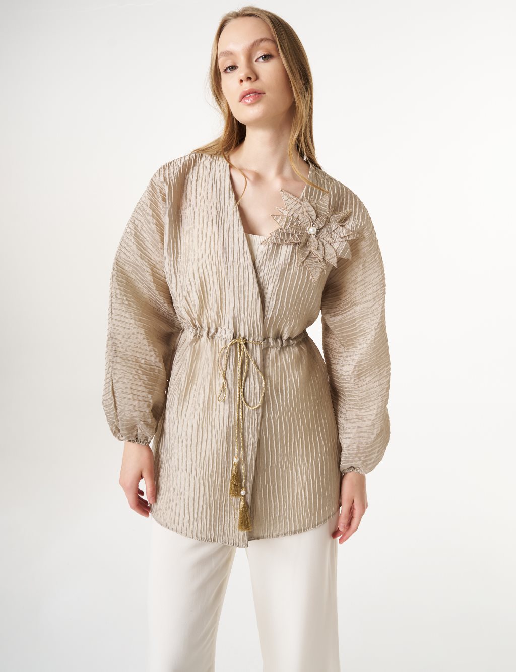 Floral Appliqué Jacquard Kimono Moss Green