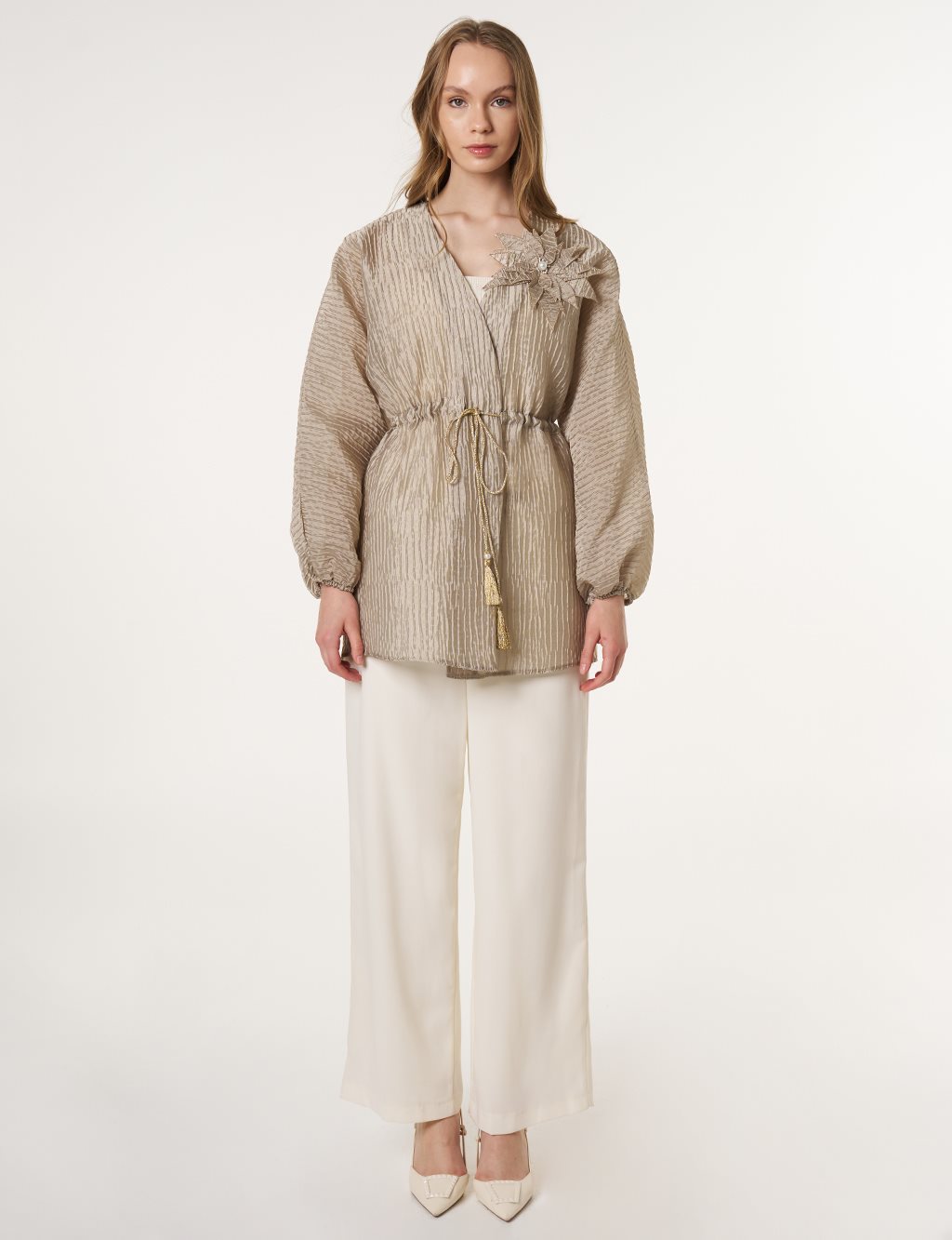 Floral Appliqué Jacquard Kimono Moss Green