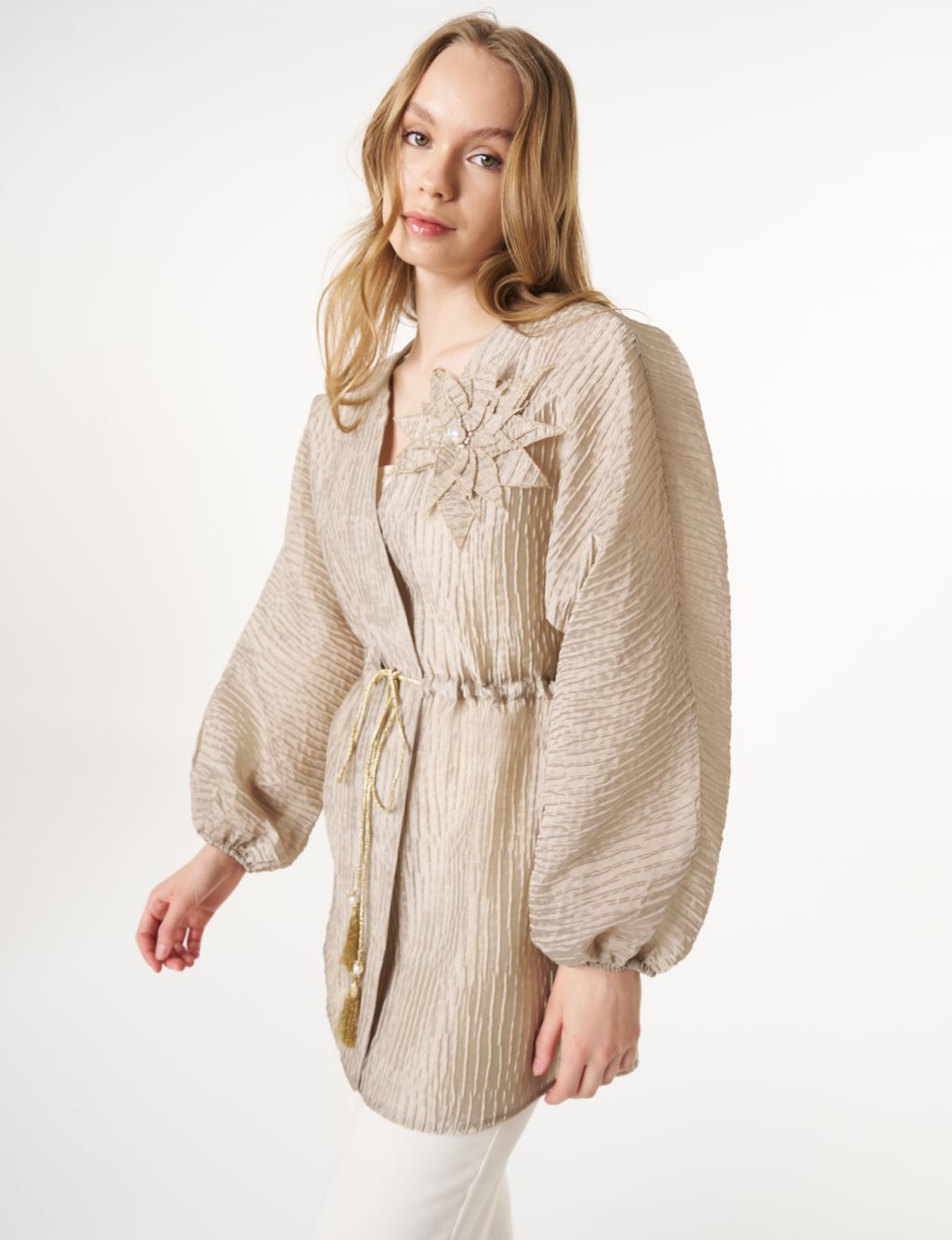 Floral Appliqué Jacquard Kimono Moss Green