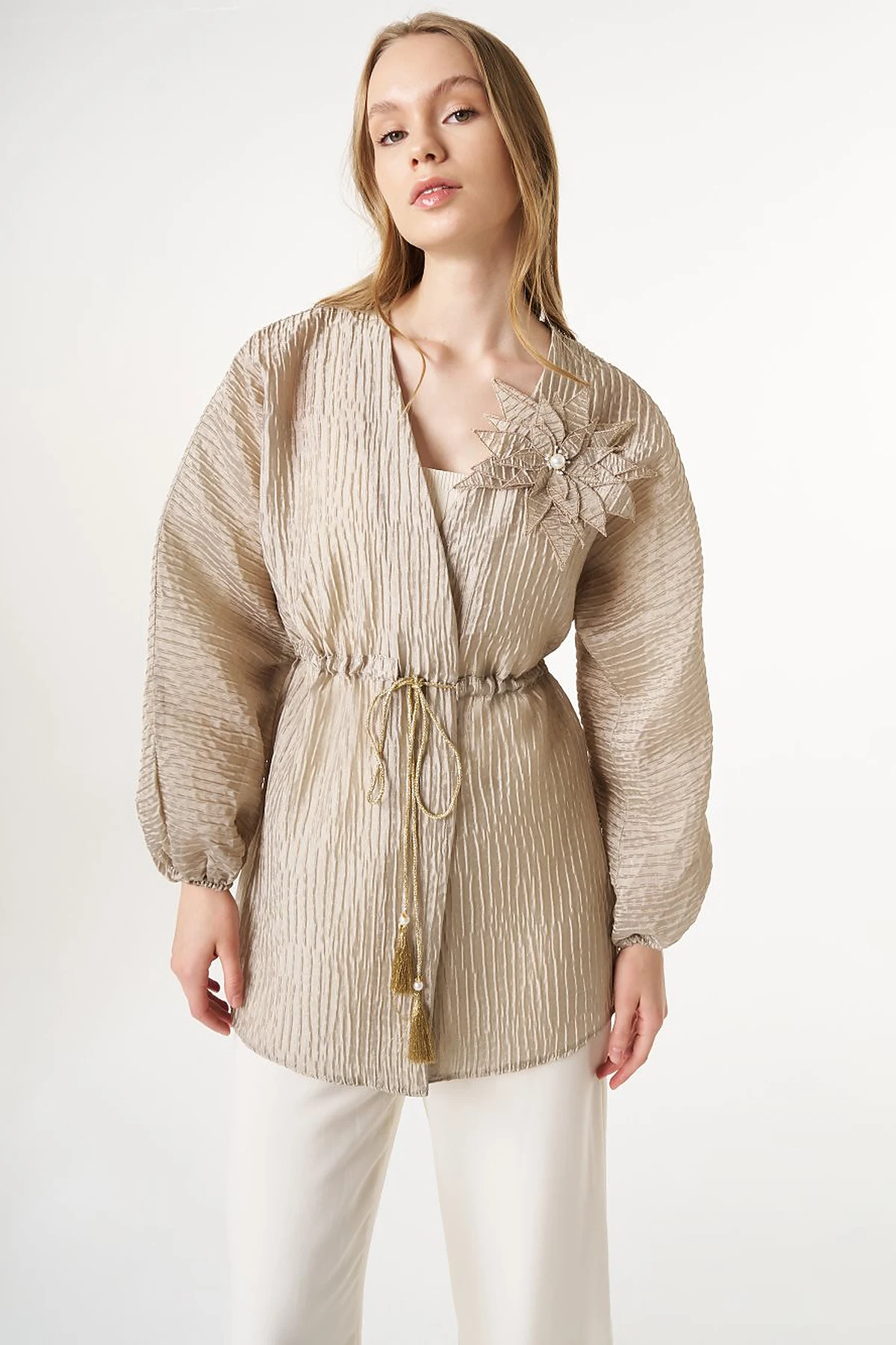 Floral Appliqué Jacquard Kimono Moss Green