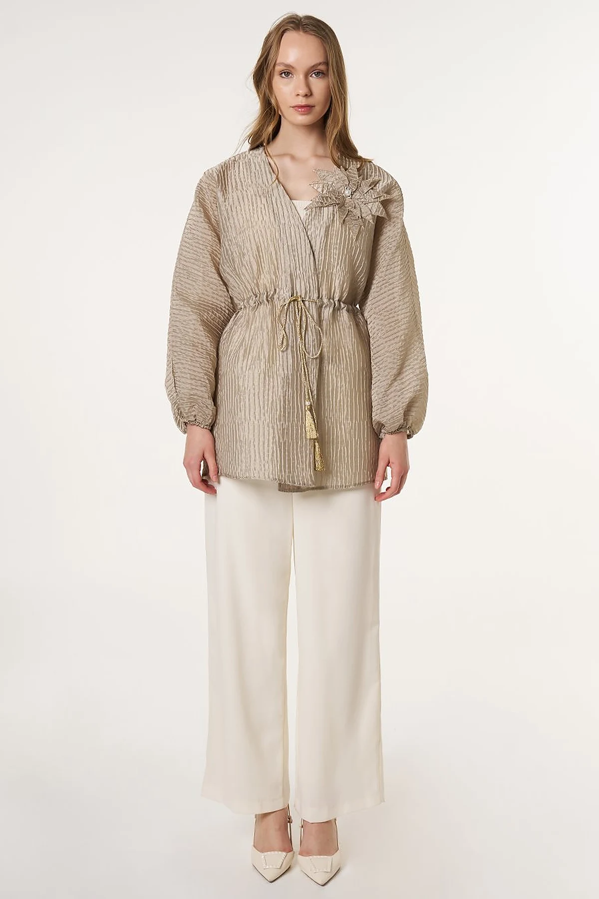 Floral Appliqué Jacquard Kimono Moss Green