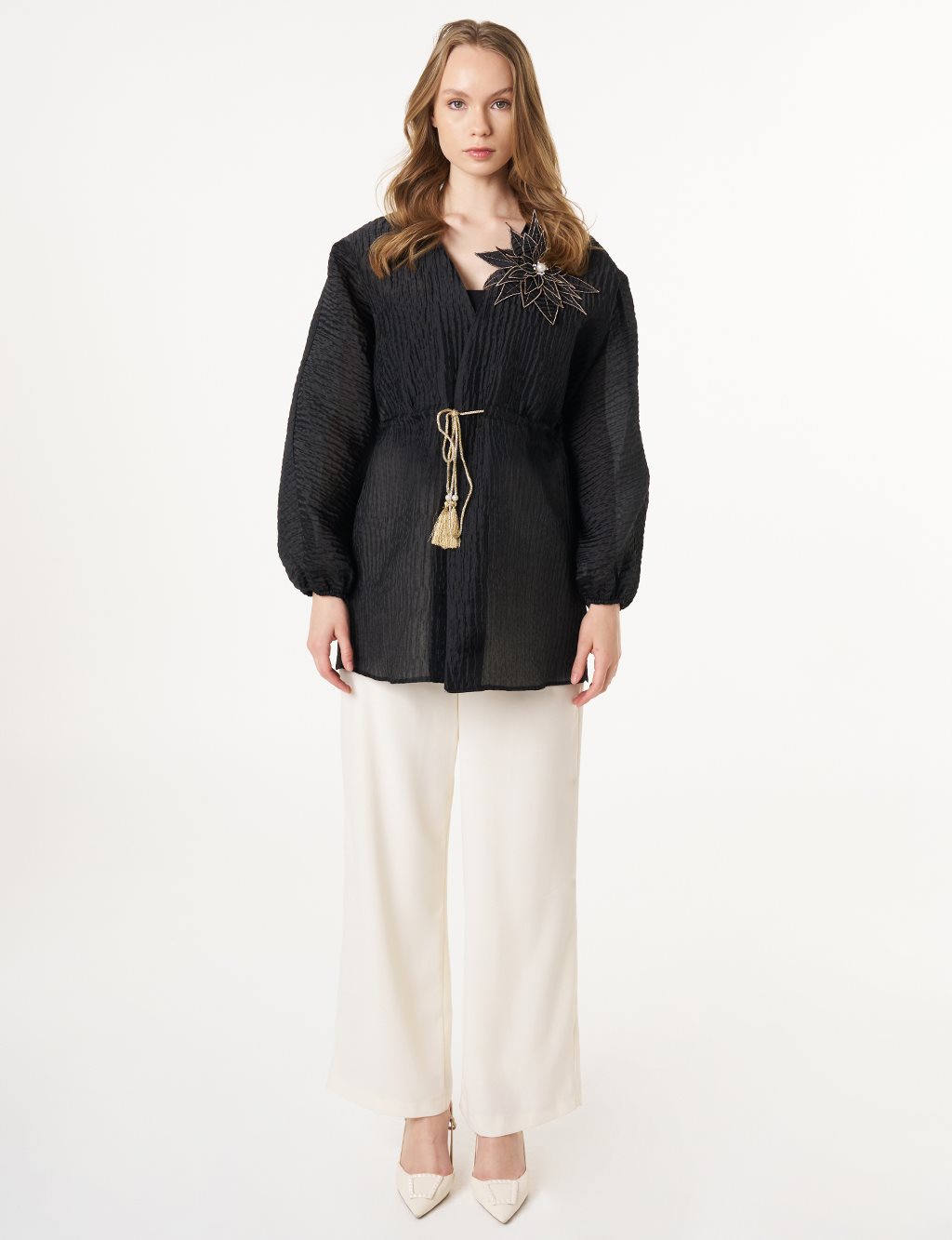 Floral Appliqué Jacquard Kimono Black