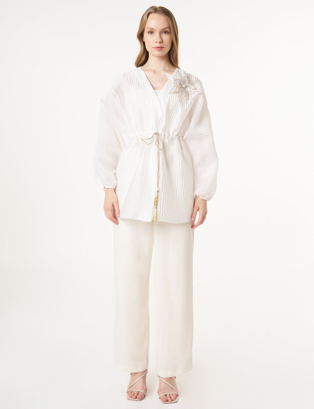 Floral Appliqué Jacquard Kimono Optic White 