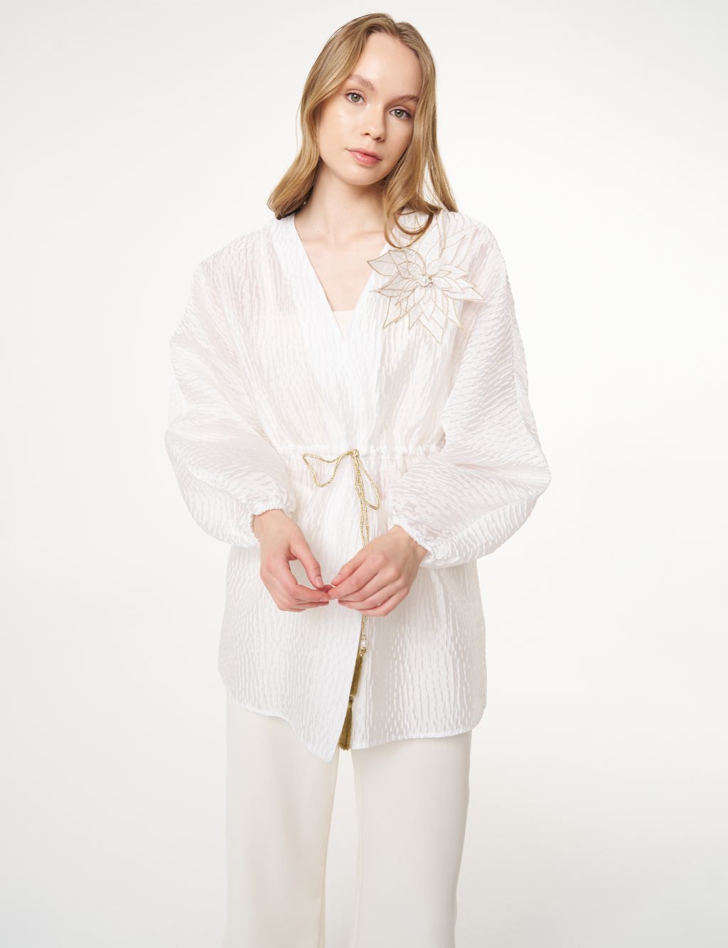 Floral Appliqué Jacquard Kimono Optic White 