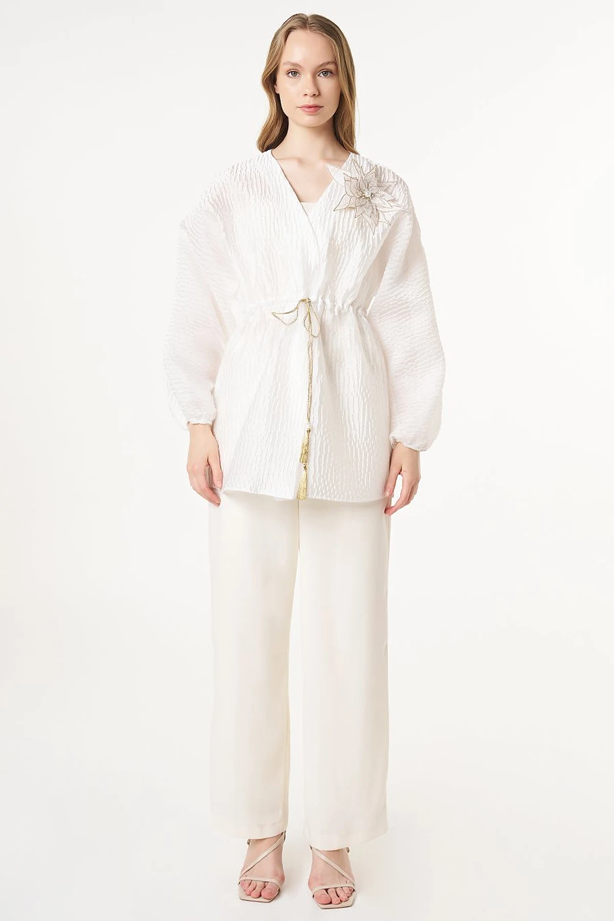 Floral Appliqué Jacquard Kimono Optic White 