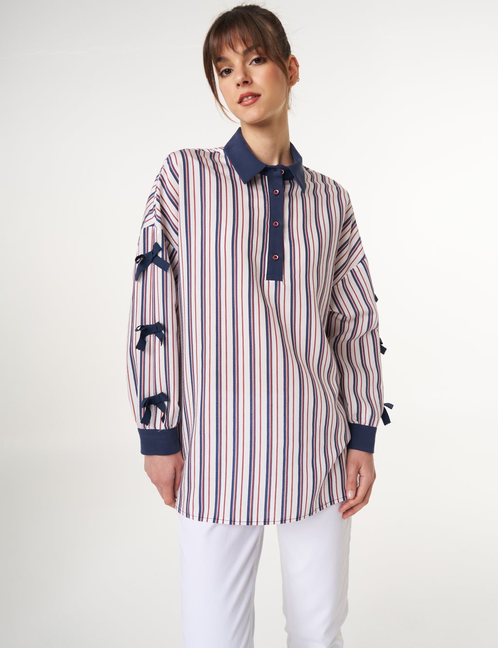 Bow Detail Striped Tunic Navy 