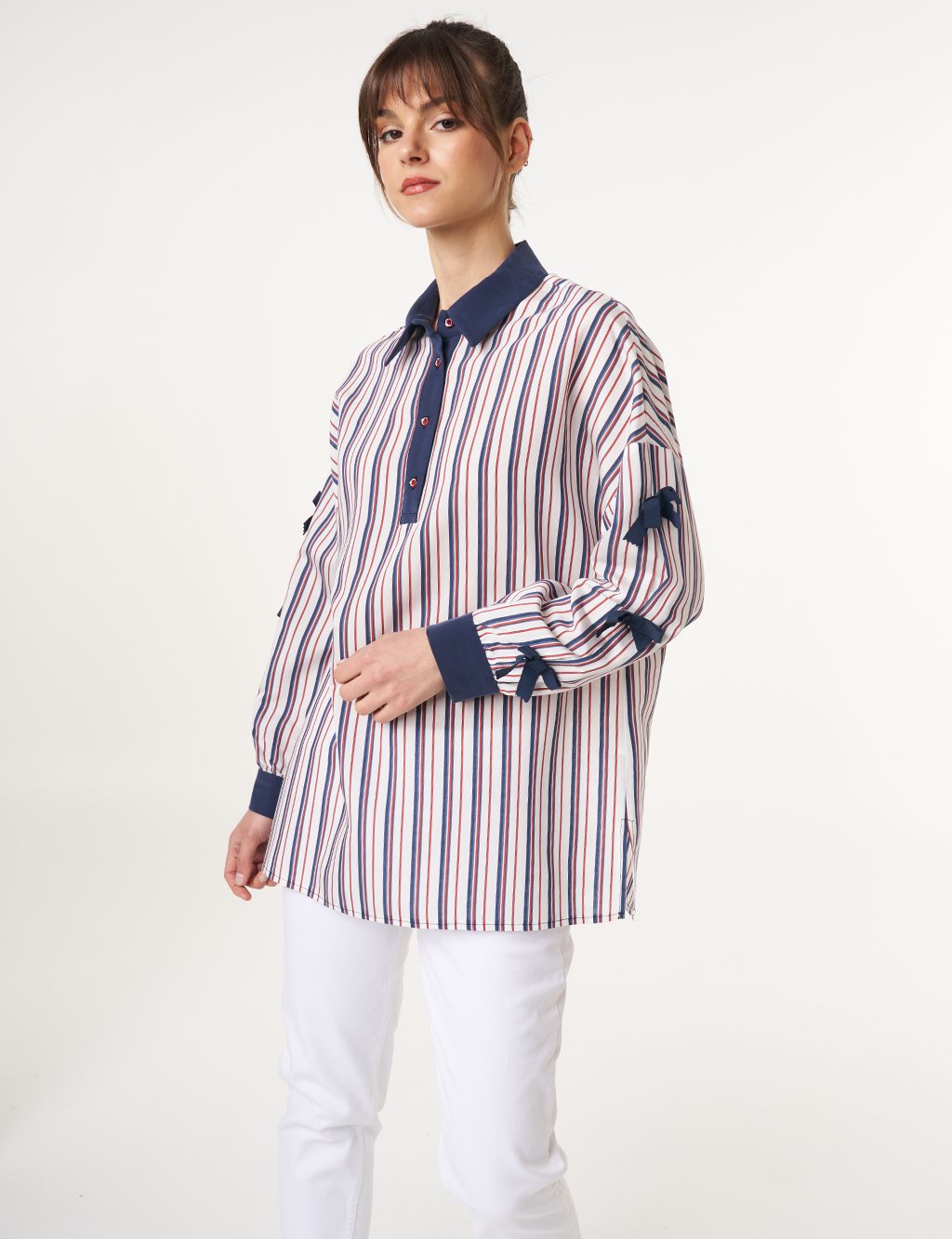 Bow Detail Striped Tunic Navy 