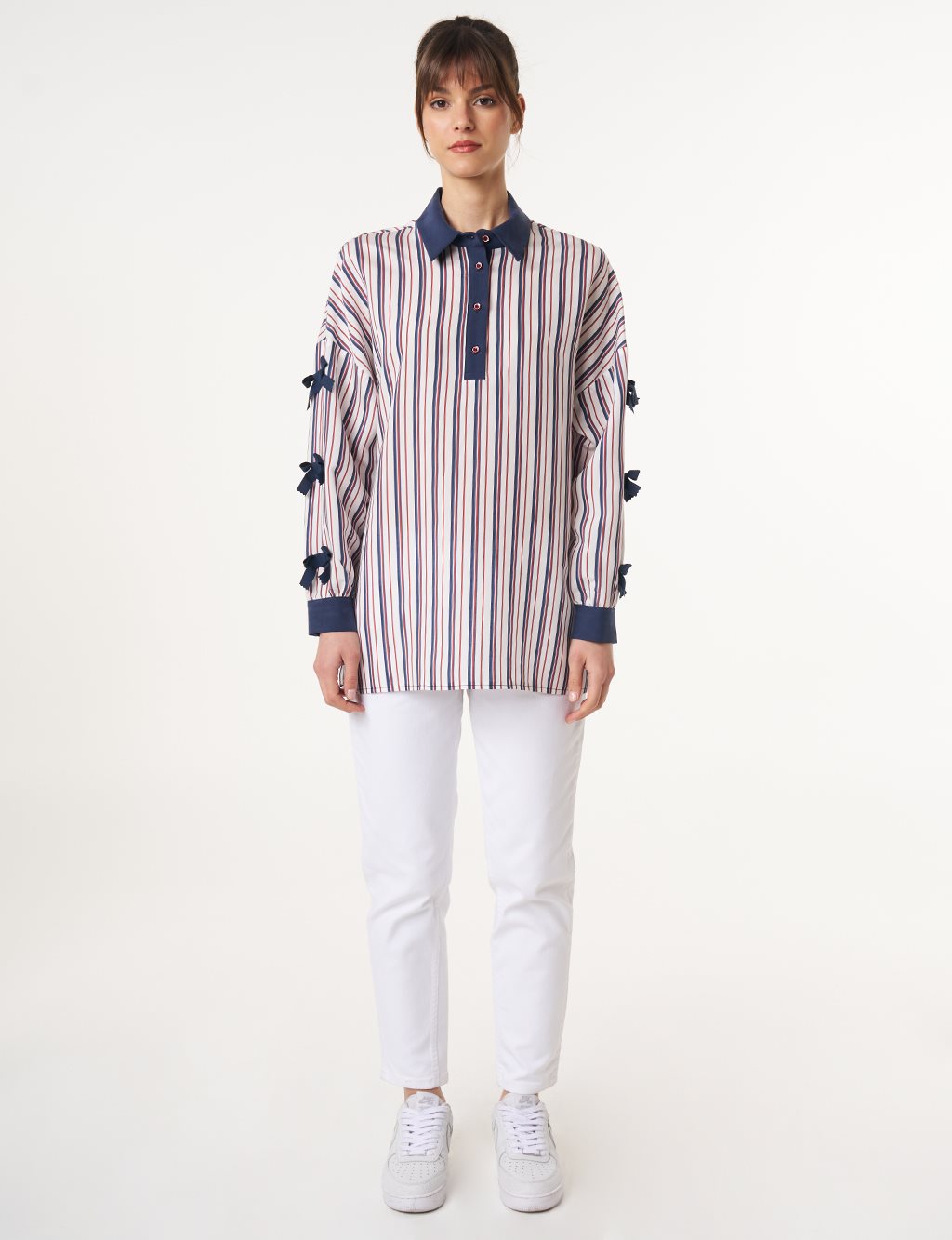 Bow Detail Striped Tunic Navy 