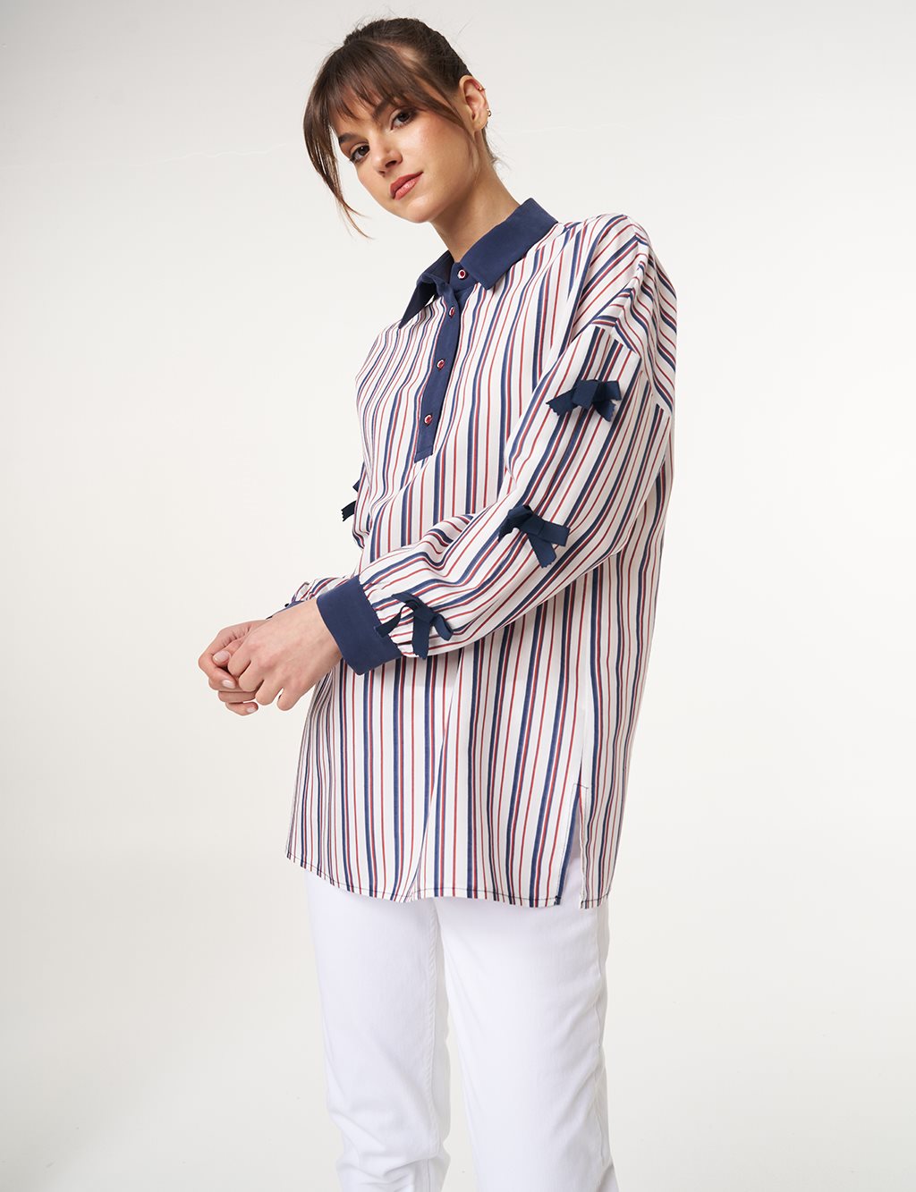 Bow Detail Striped Tunic Navy 