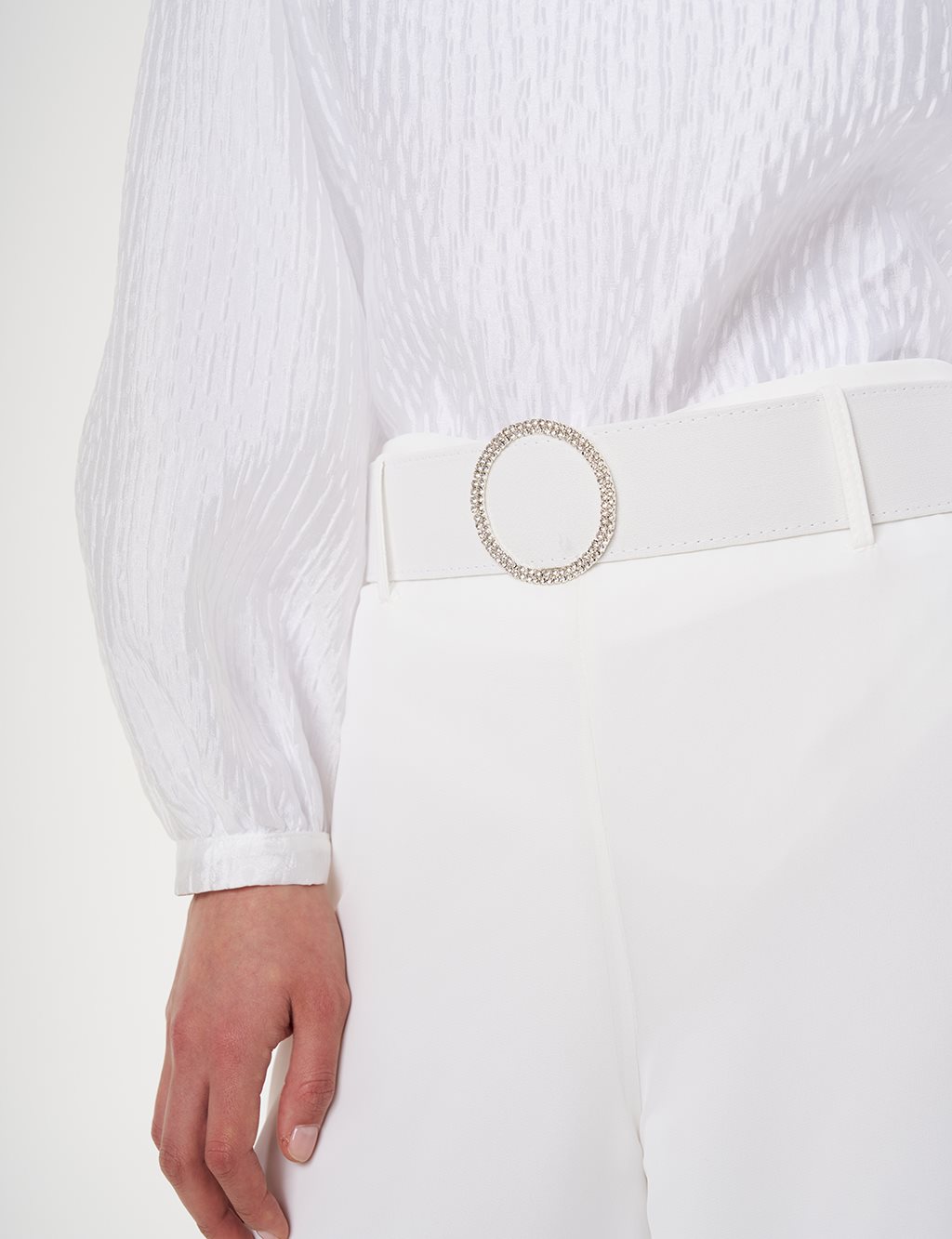 Crepe Pants with Metal Buckle Detail Optic White