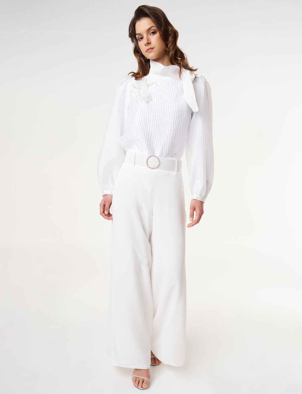 Crepe Pants with Metal Buckle Detail Optic White