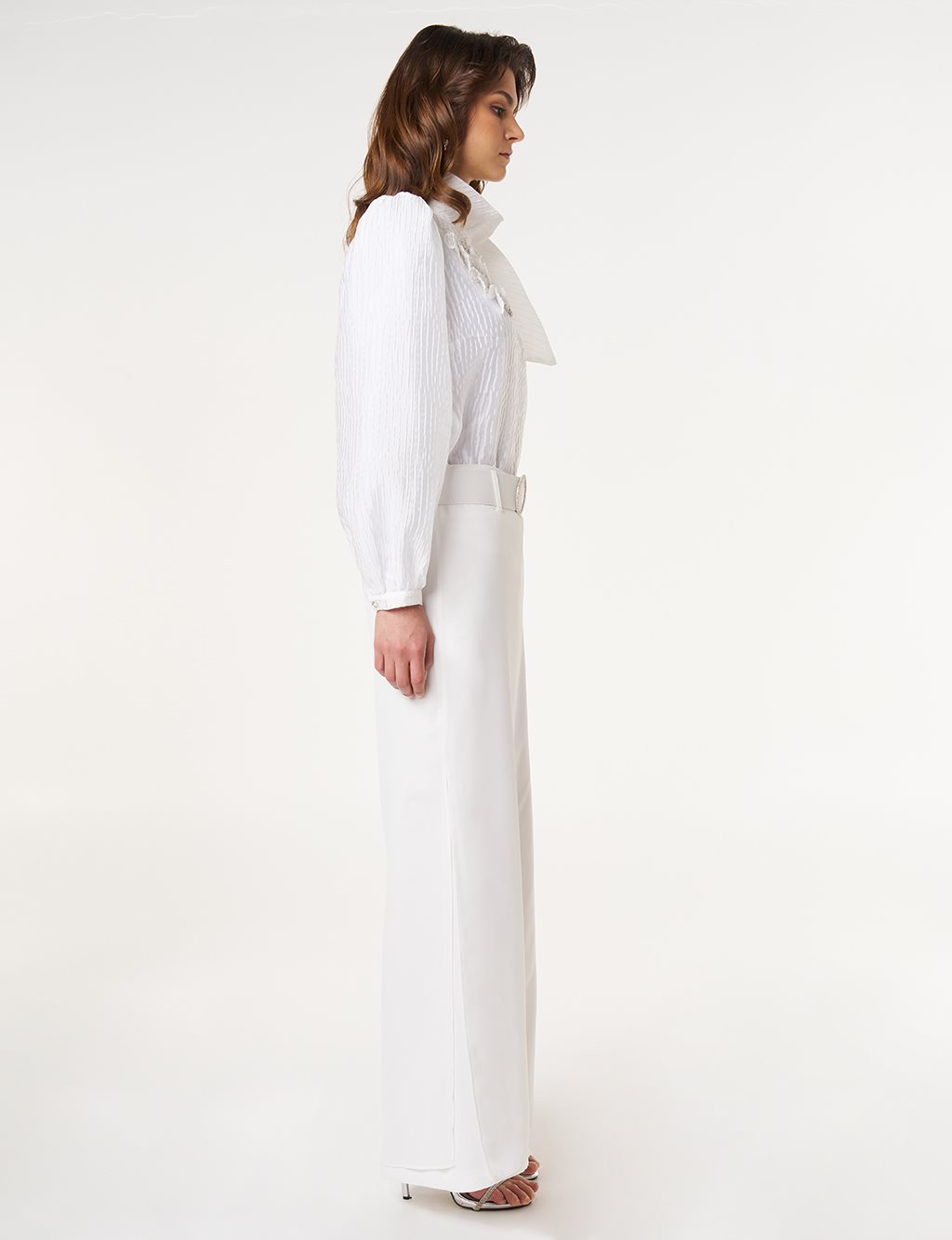 Crepe Pants with Metal Buckle Detail Optic White
