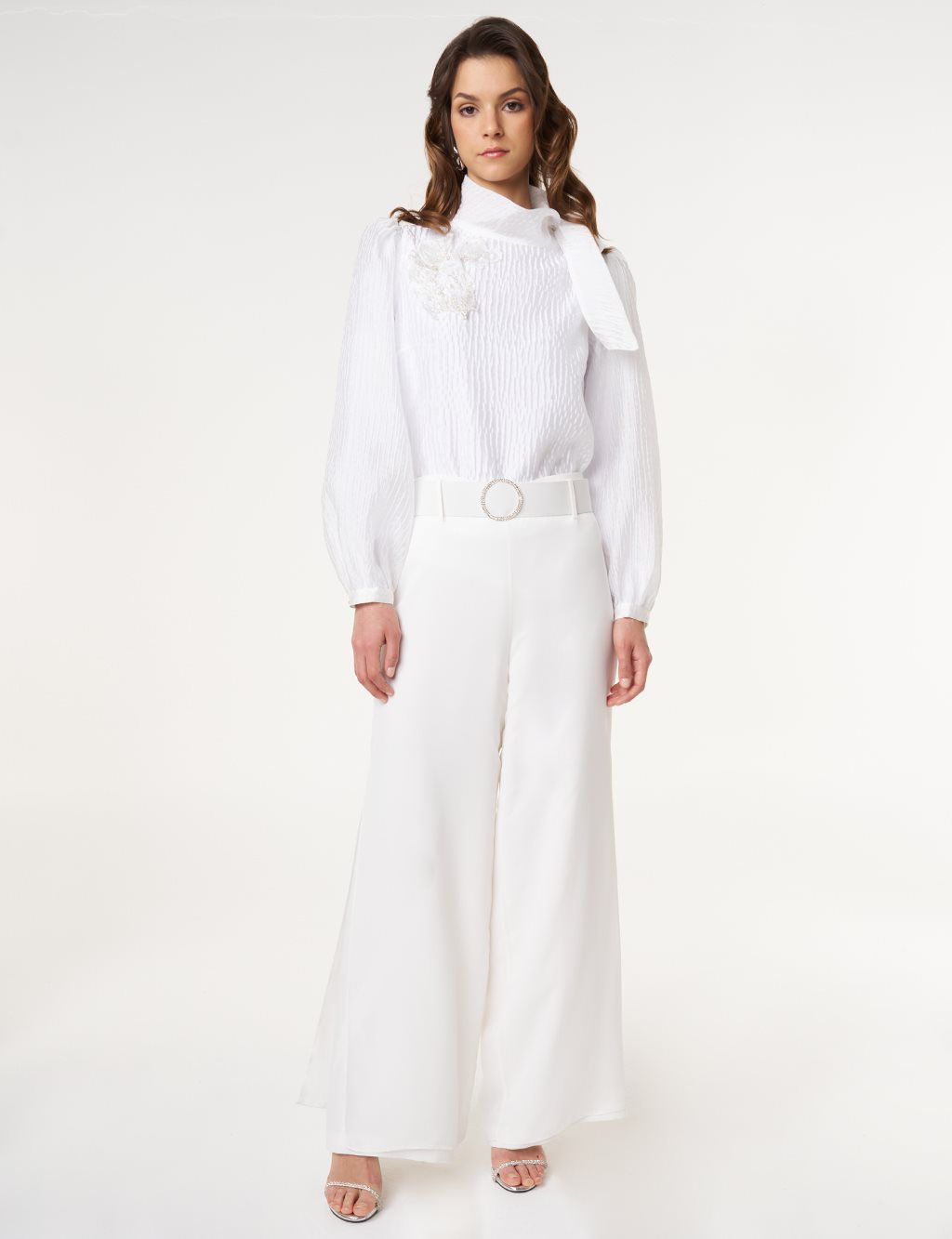 Crepe Pants with Metal Buckle Detail Optic White