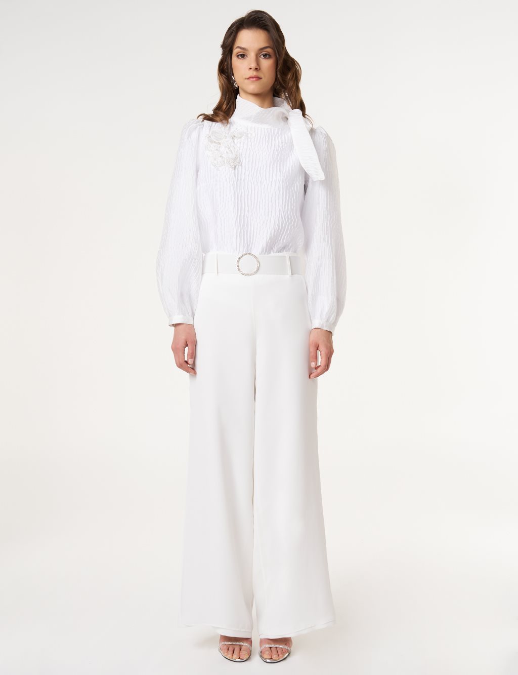 Crepe Pants with Metal Buckle Detail Optic White