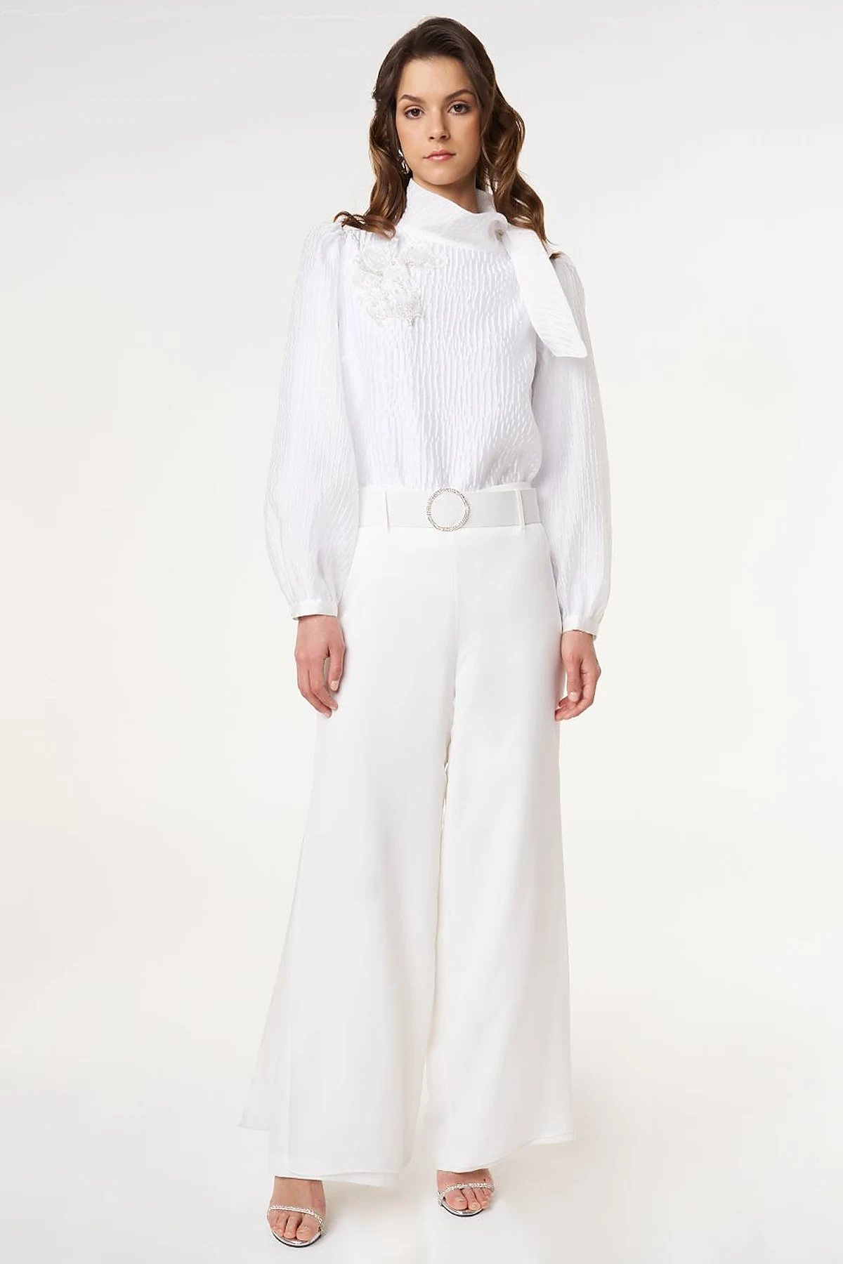 Crepe Pants with Metal Buckle Detail Optic White