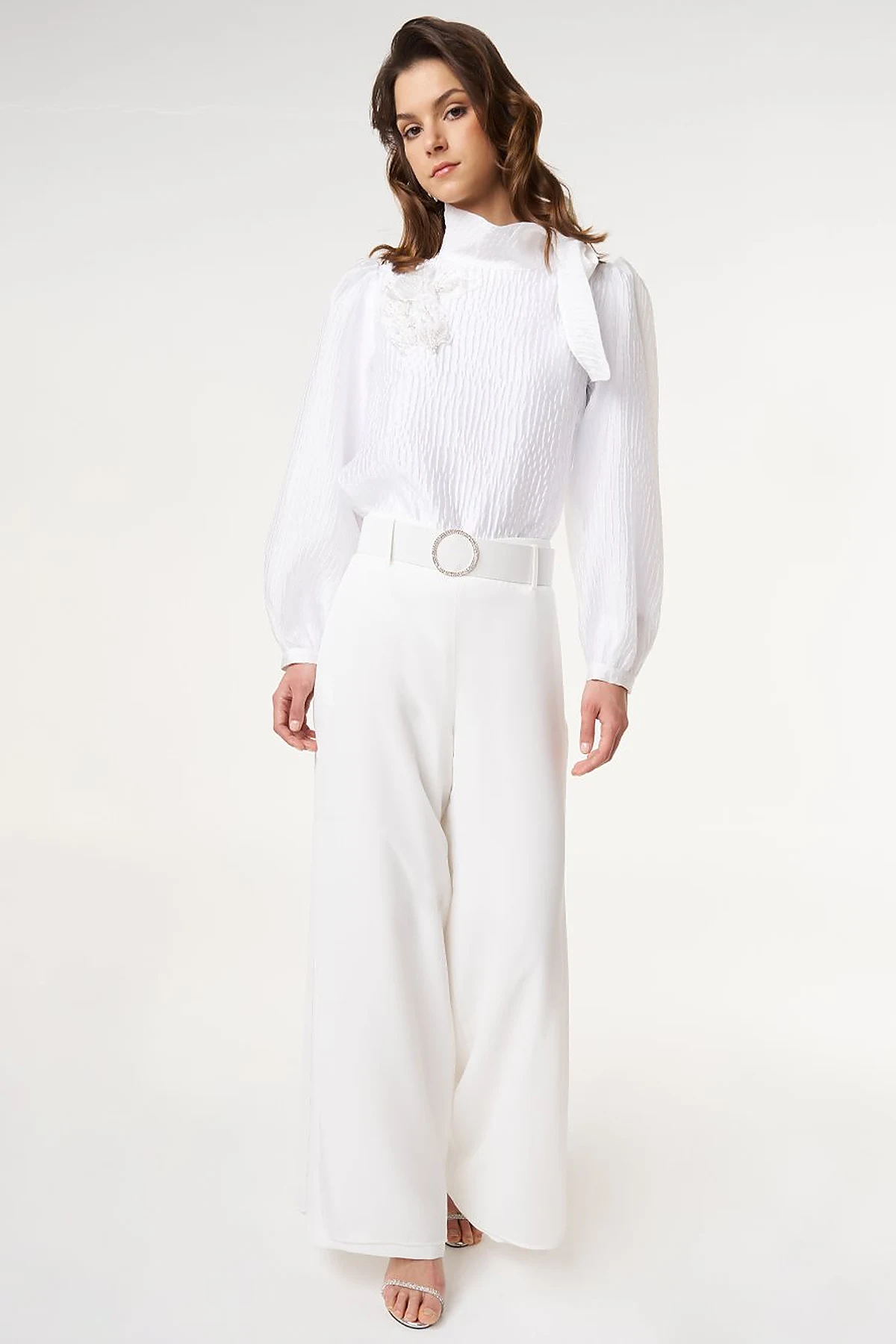 Crepe Pants with Metal Buckle Detail Optic White