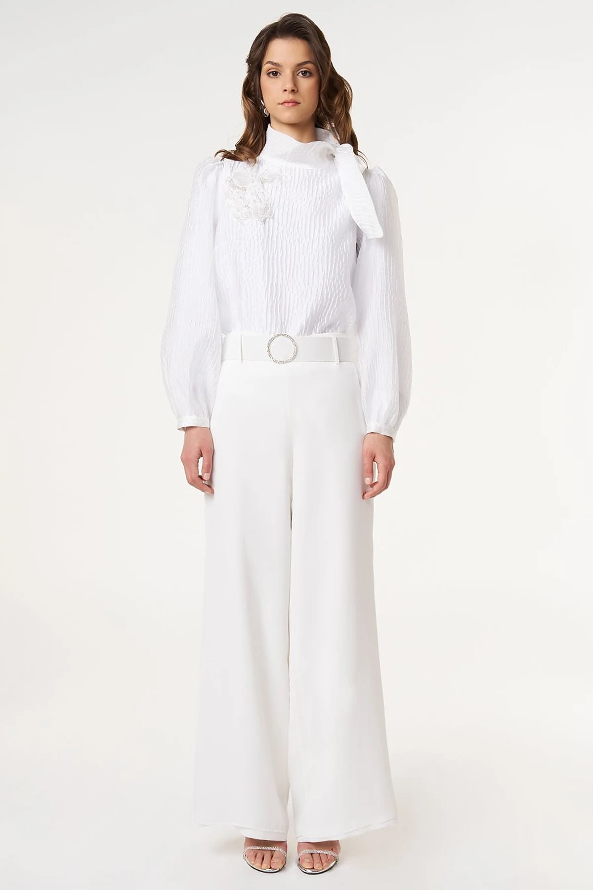 Crepe Pants with Metal Buckle Detail Optic White