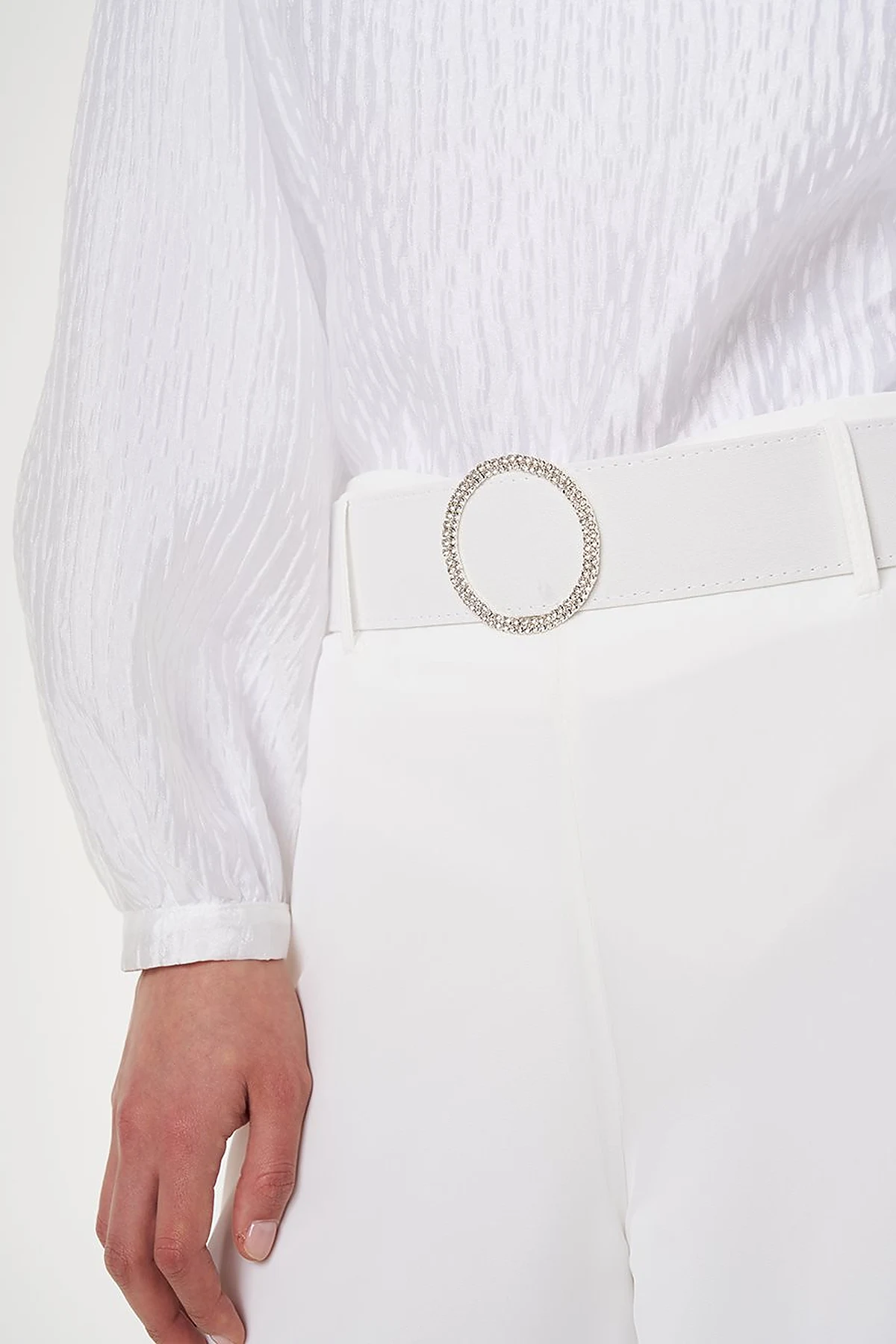 Crepe Pants with Metal Buckle Detail Optic White