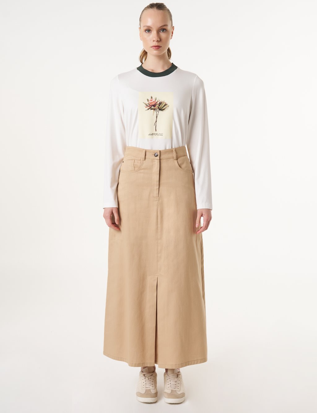 High Waist Canvas Skirt Beige 