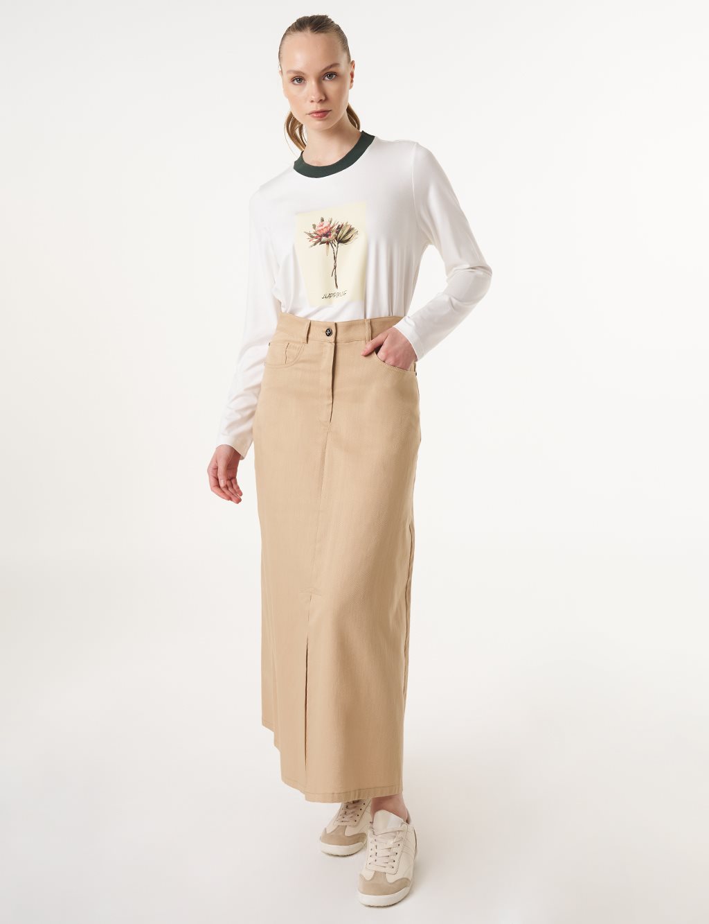 High Waist Canvas Skirt Beige 