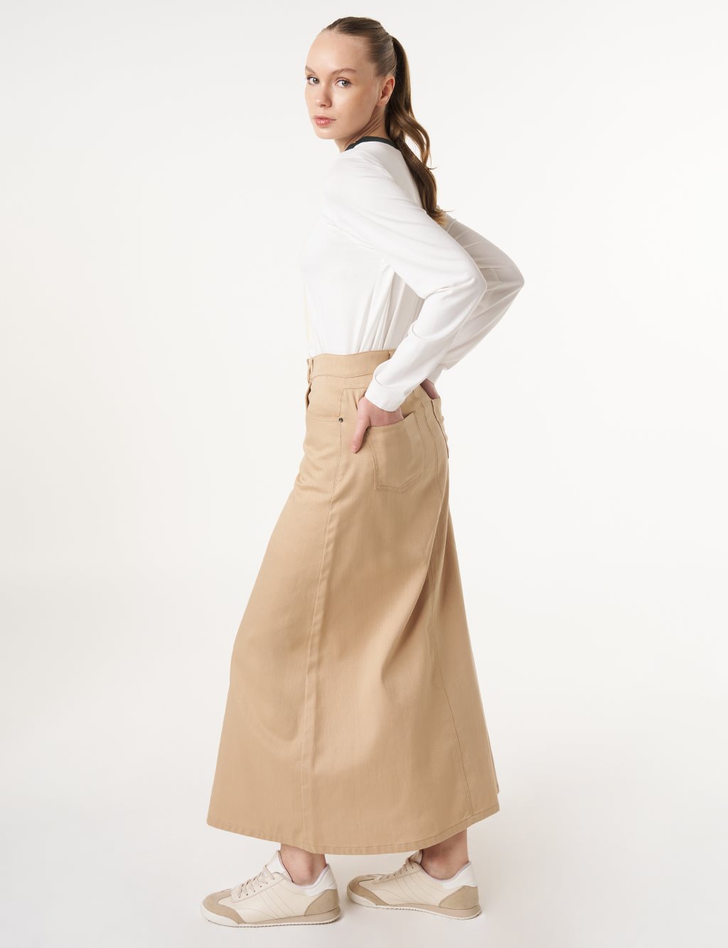 High Waist Canvas Skirt Beige 