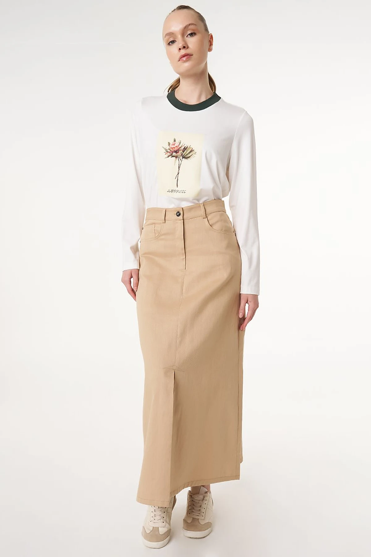 High Waist Canvas Skirt Beige 