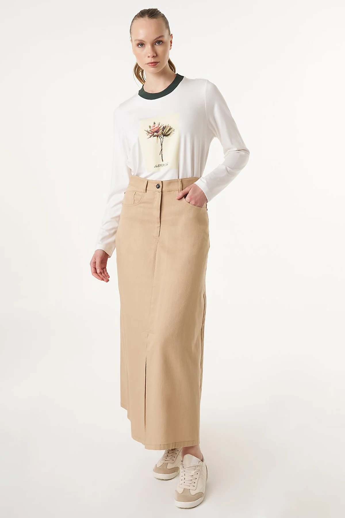 High Waist Canvas Skirt Beige 