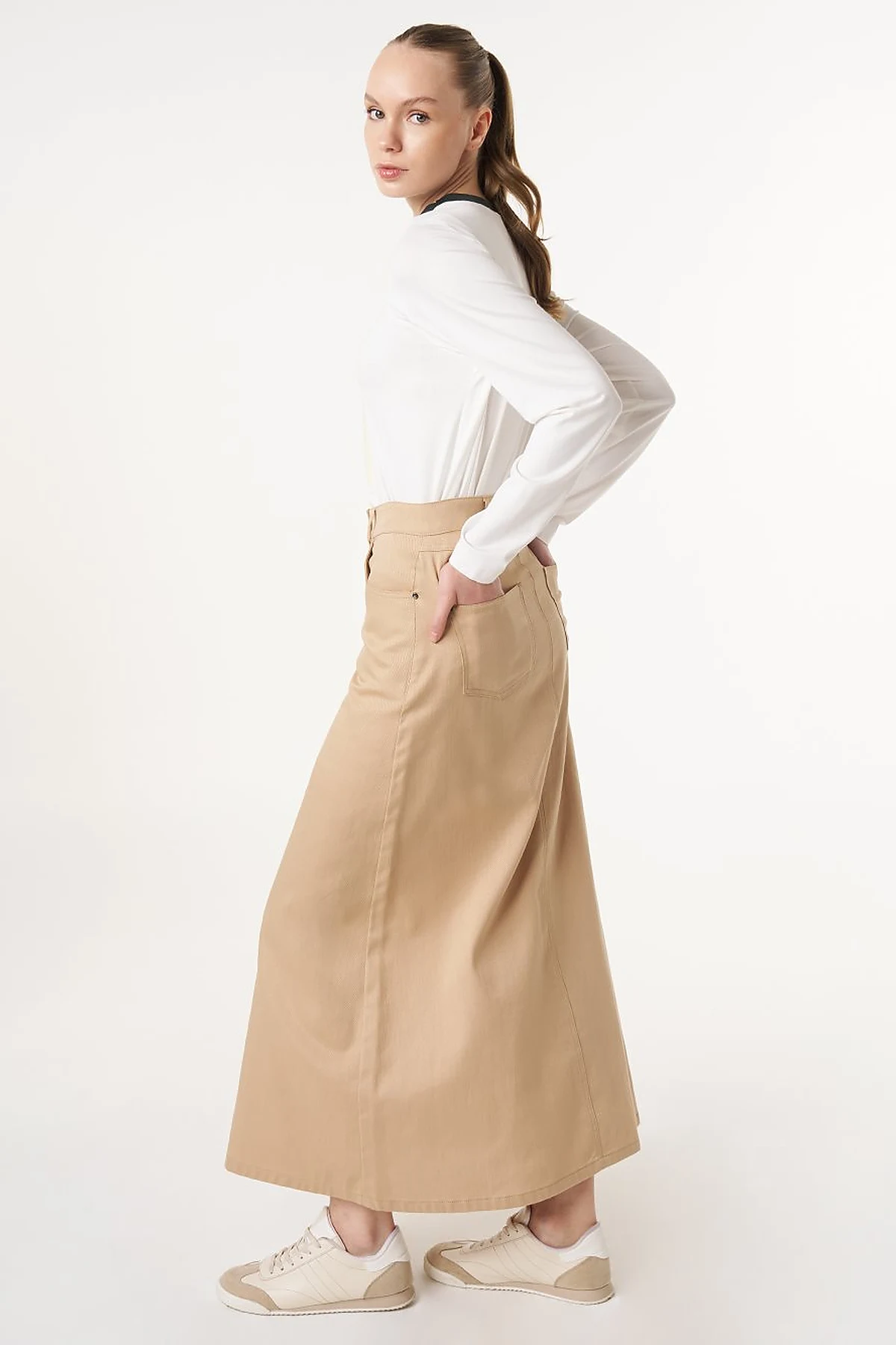 High Waist Canvas Skirt Beige 