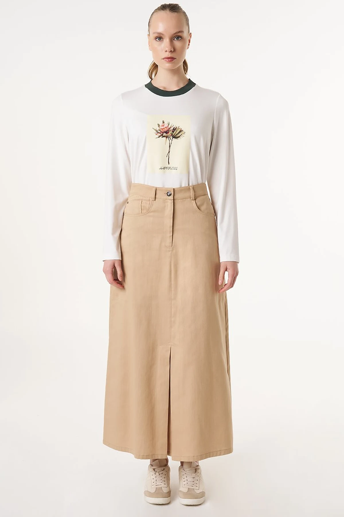 High Waist Canvas Skirt Beige 