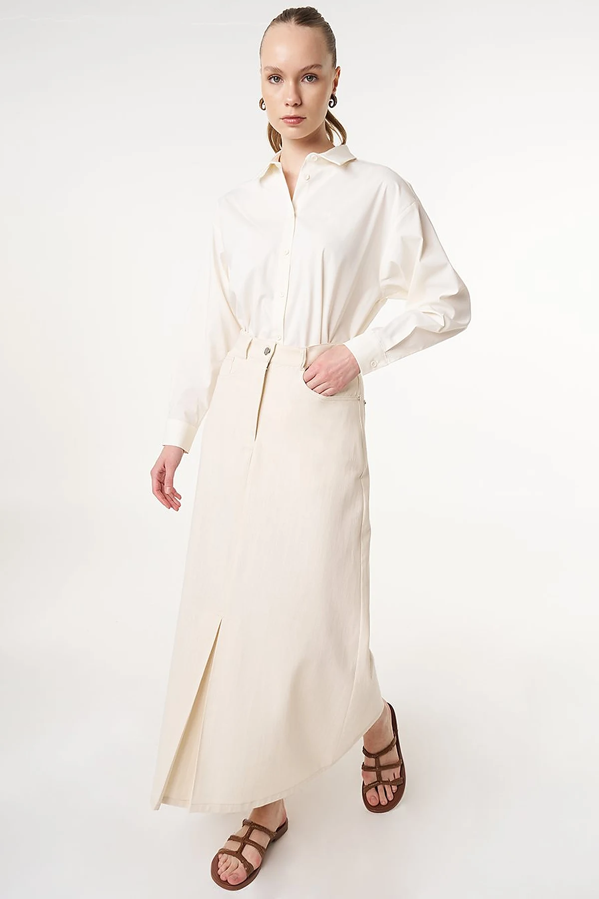 High Waist Canvas Skirt Cream 