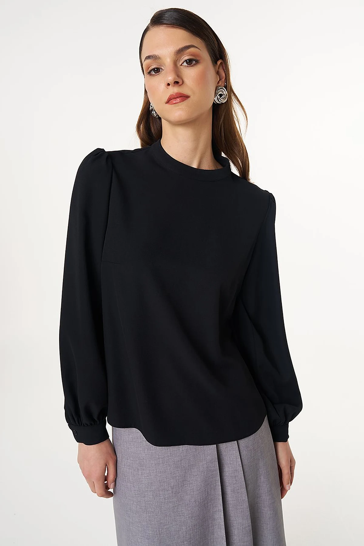 Mandarin Collar Basic Blouse Black 