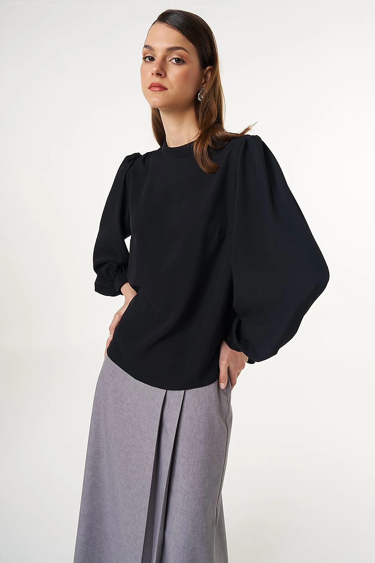 Mandarin Collar Basic Blouse Black 