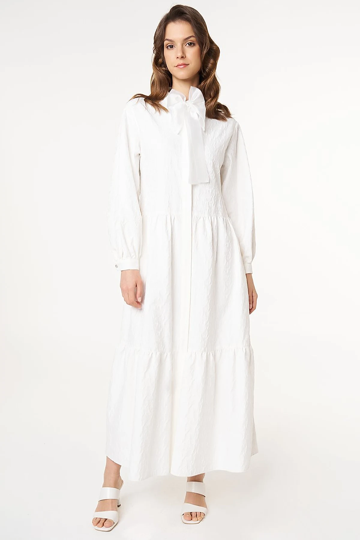 Bow-Detail Jacquard Dress Ecru 