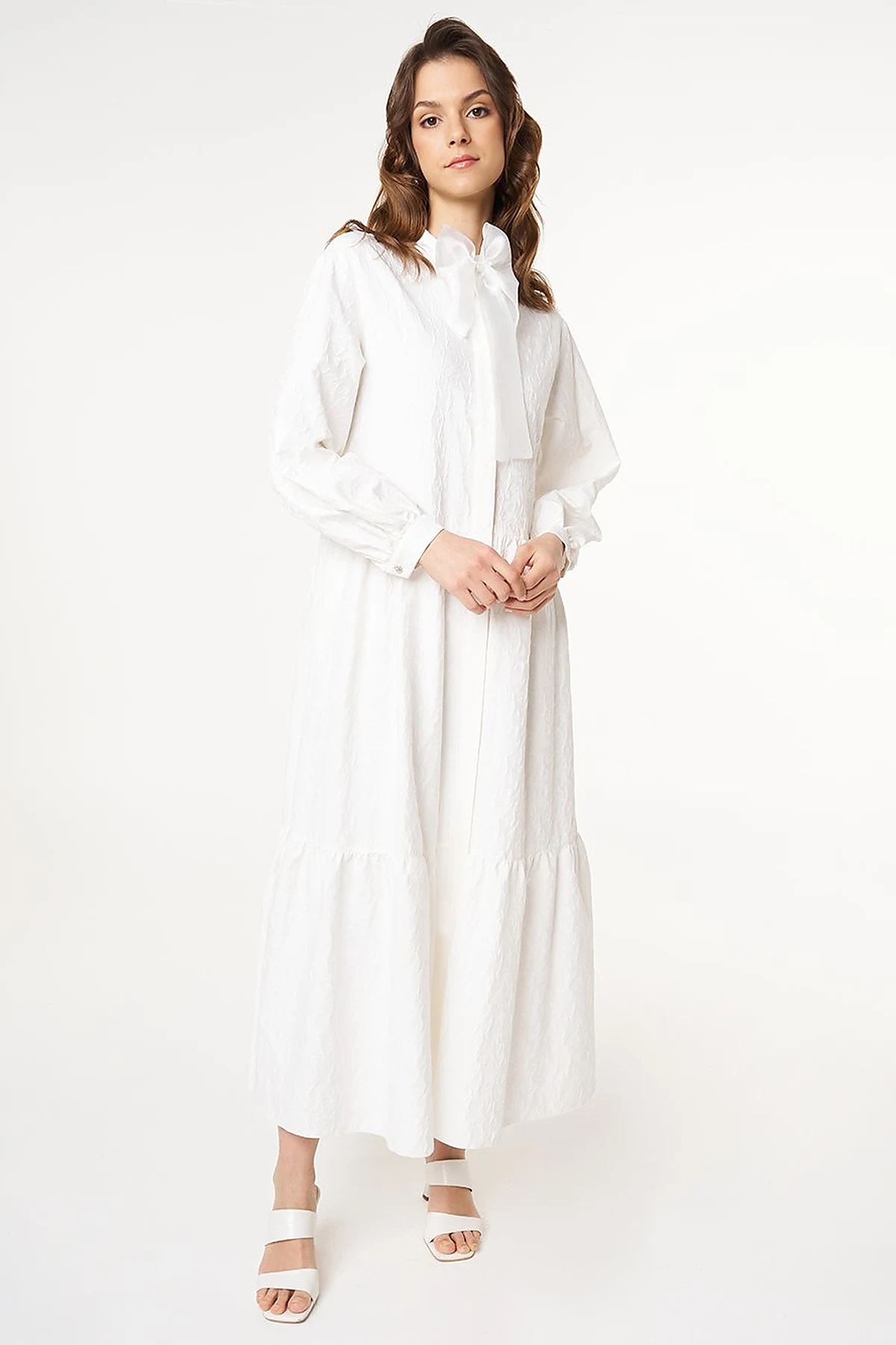 Bow-Detail Jacquard Dress Ecru 