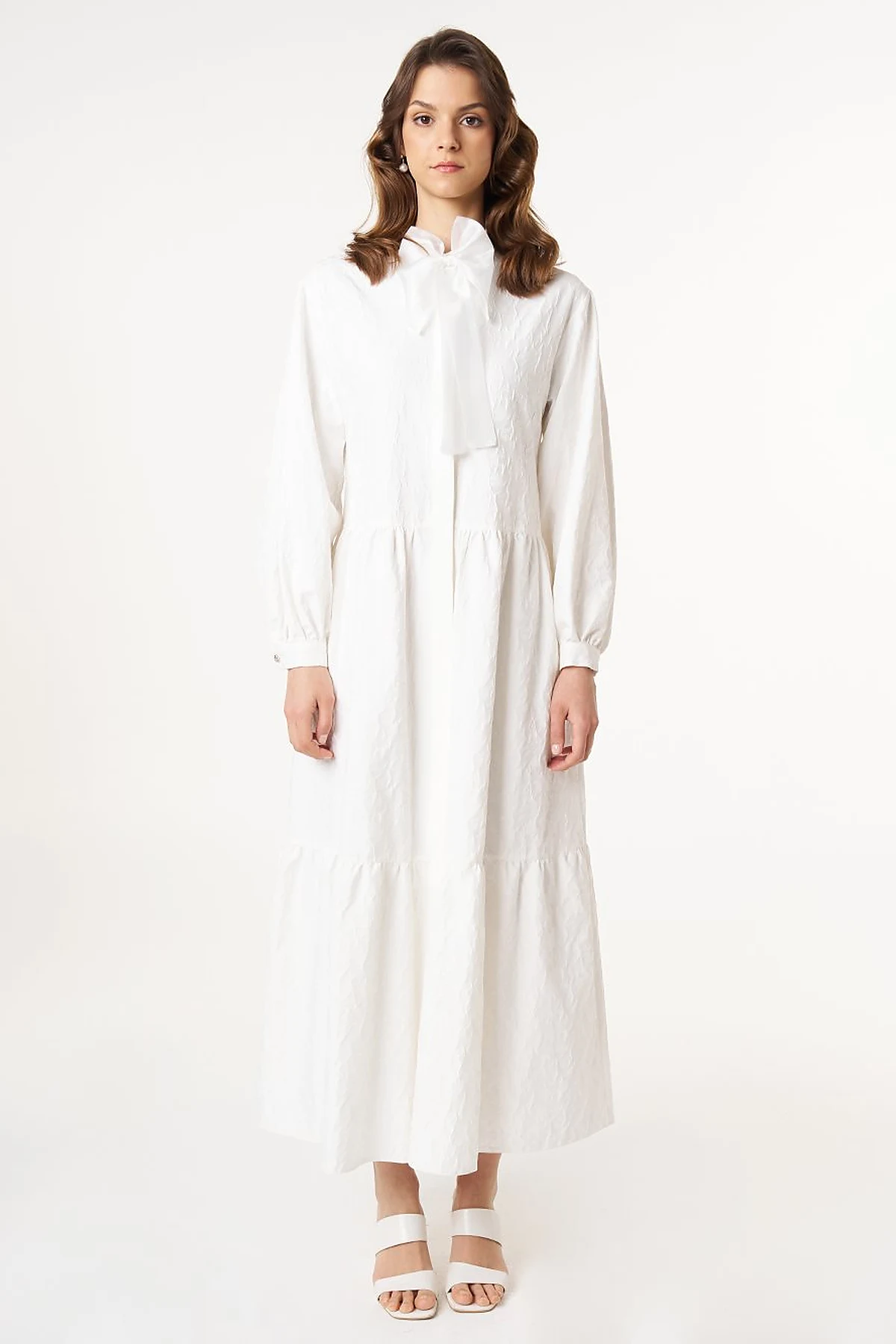 Bow-Detail Jacquard Dress Ecru 