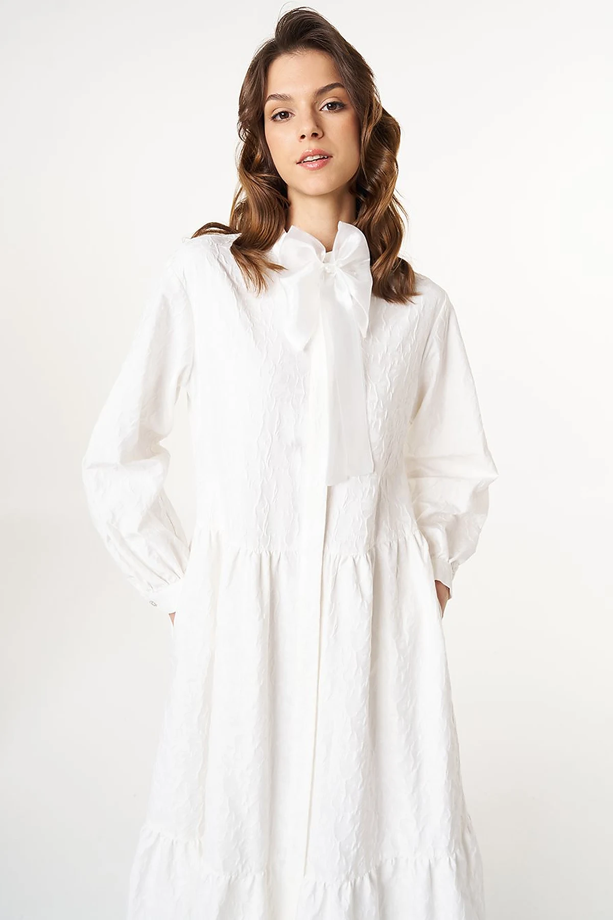 Bow-Detail Jacquard Dress Ecru 