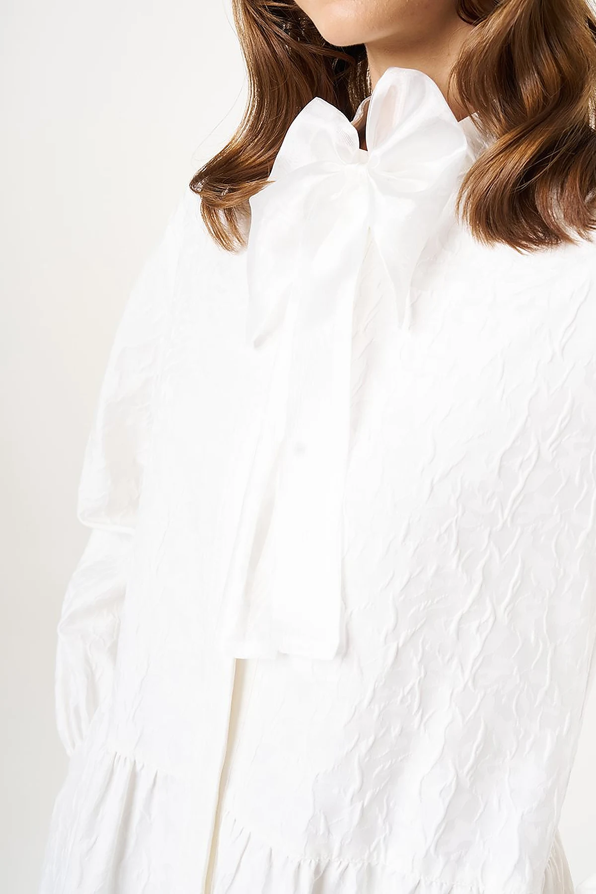 Bow-Detail Jacquard Dress Ecru 