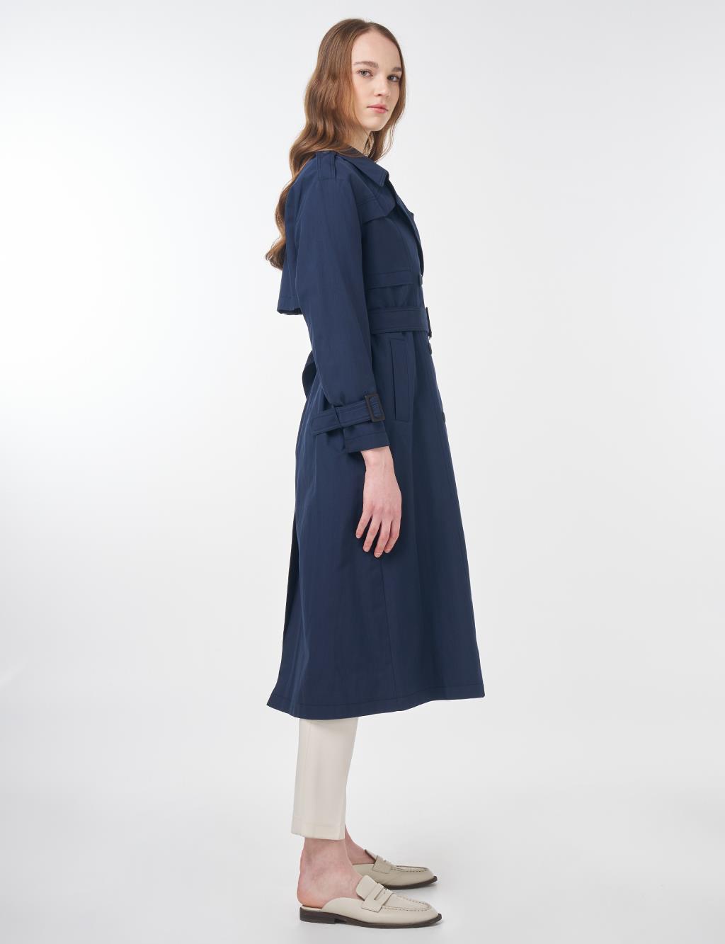 Epaulet Detail Belted Coat Navy Blue