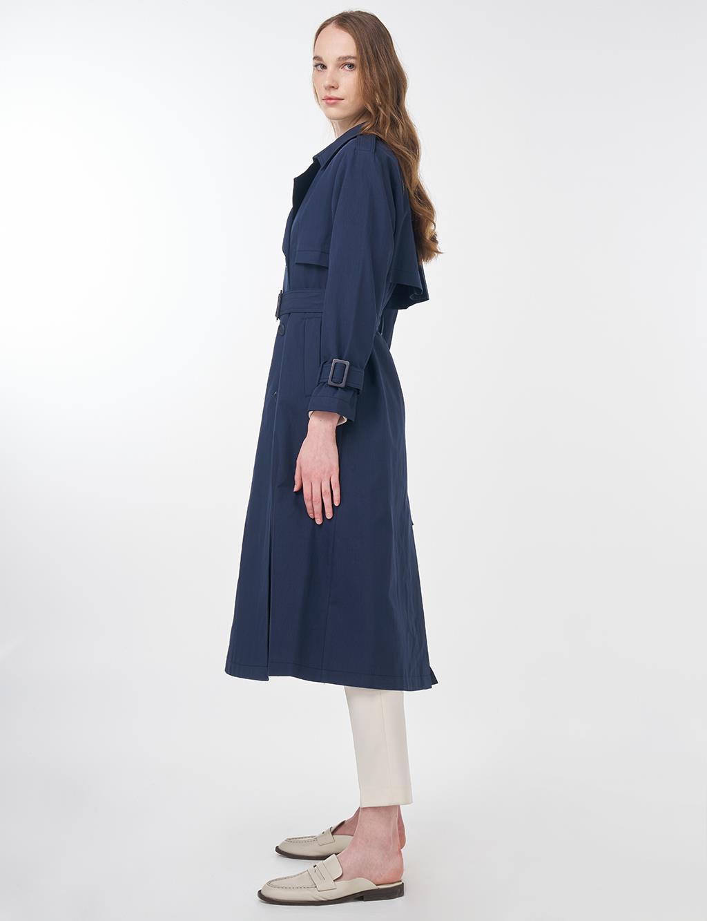 Epaulet Detail Belted Coat Navy Blue