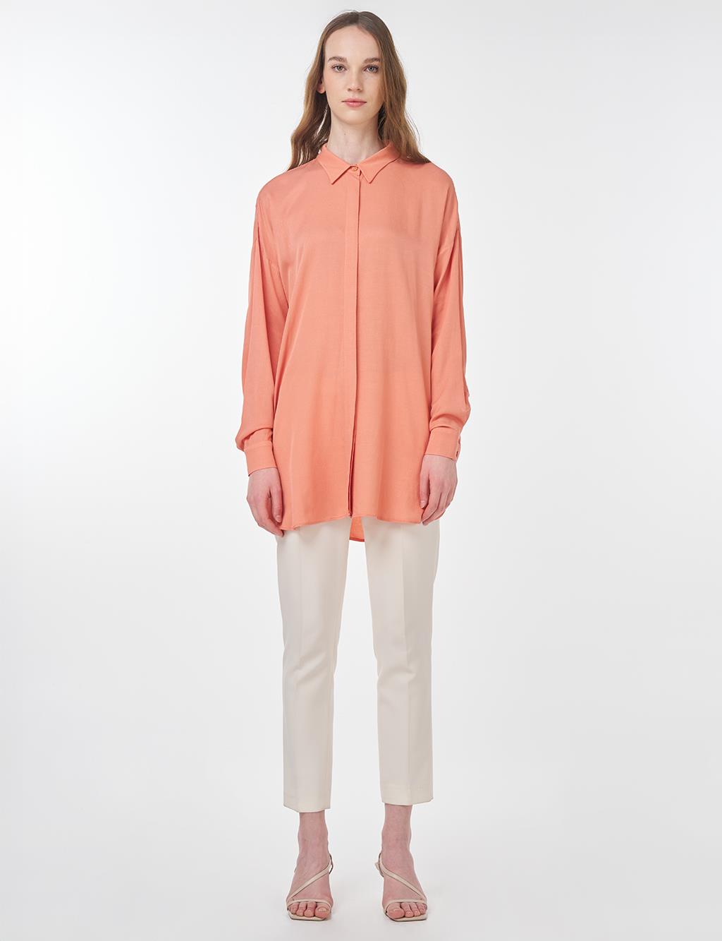 Hidden Button Shirt Collar Tunic Salmon