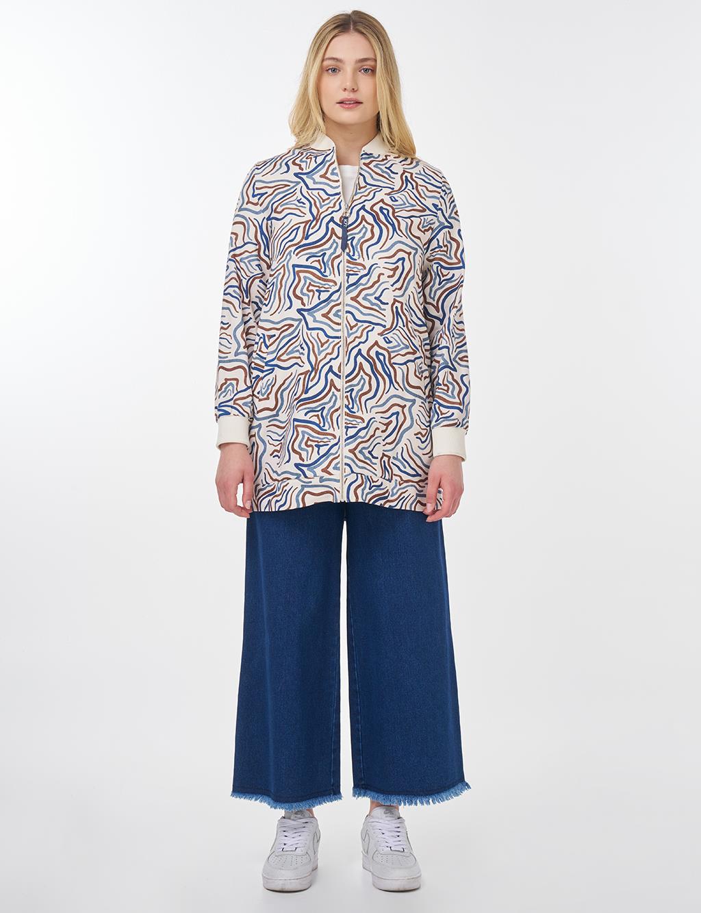 Abstract Pattern Varsity Collar Jacket Ecru 