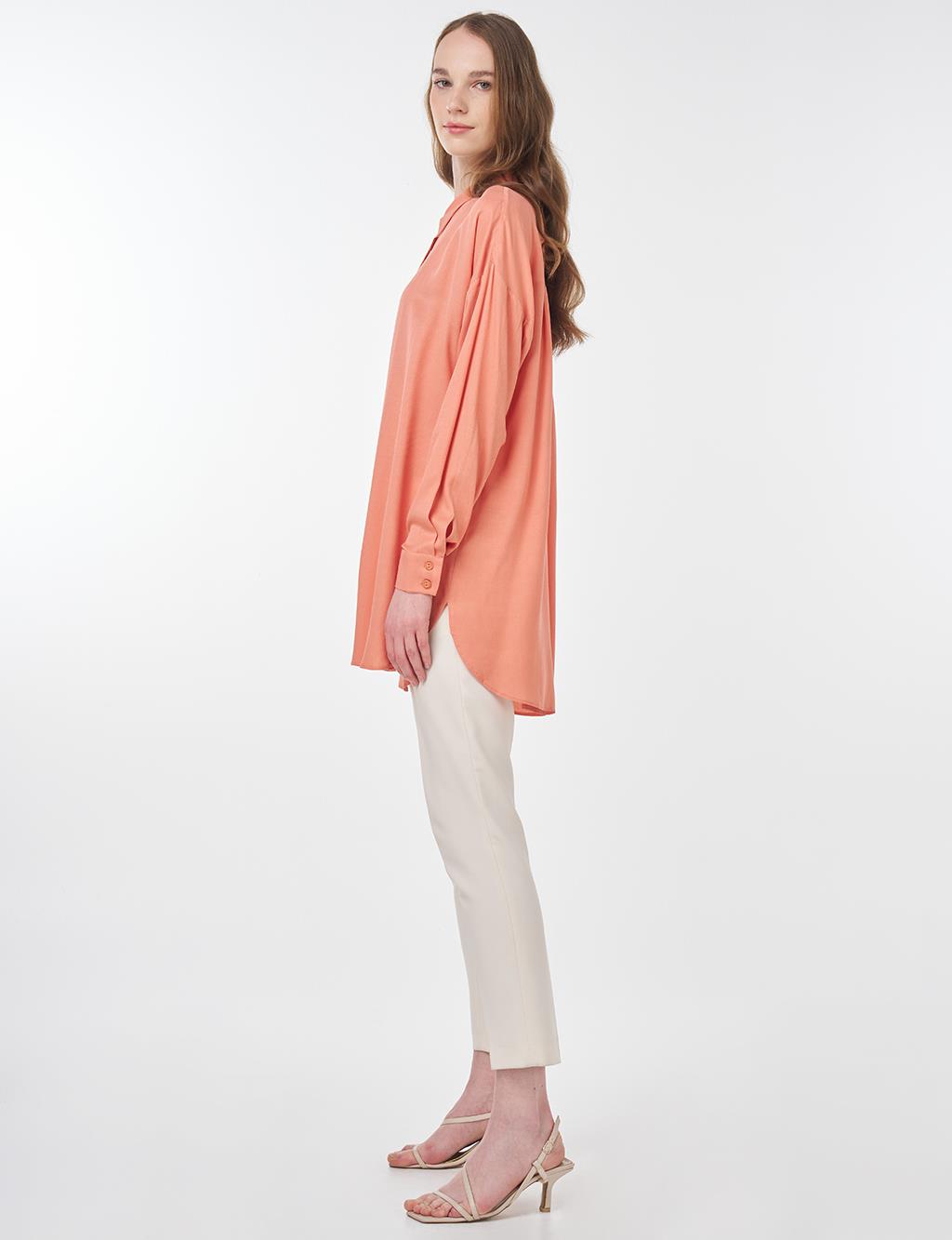 Hidden Button Shirt Collar Tunic Salmon