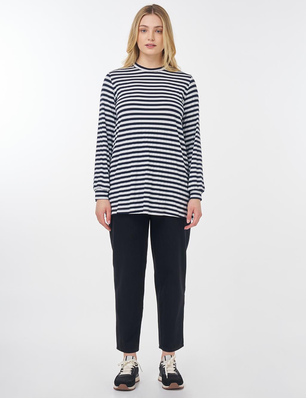 Çizgi Desen Örme Sweatshirt Lacivert 