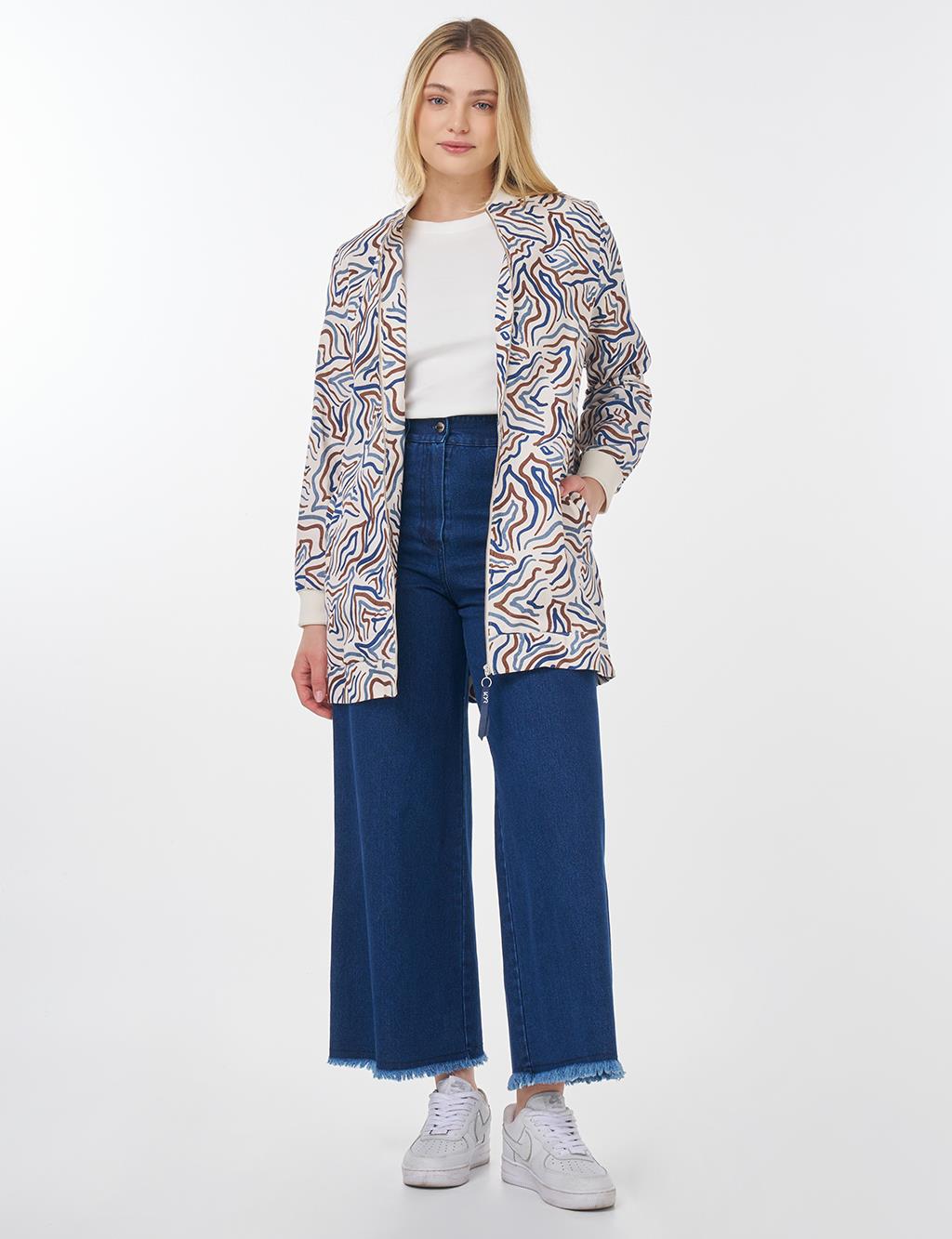 Abstract Pattern Varsity Collar Jacket Ecru 
