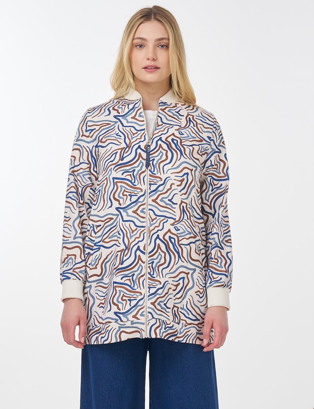 Abstract Pattern Varsity Collar Jacket Ecru 